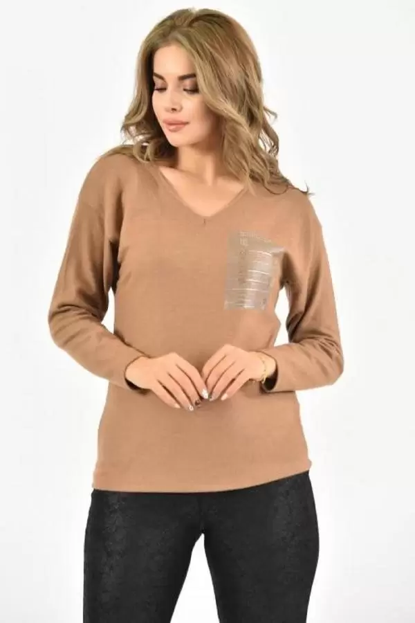 V Yaka Taşlı ve Uzun Kollu İnce Viskon Vizon Kadın Bluz