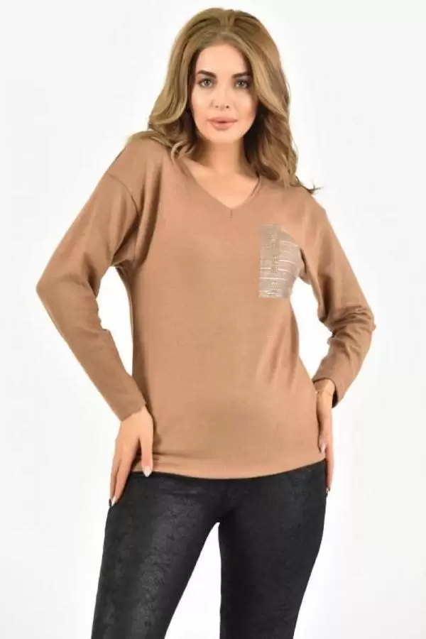 V Yaka Taşlı ve Uzun Kollu İnce Viskon Vizon Kadın Bluz
