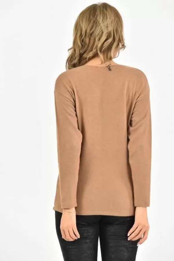 V Yaka Taşlı ve Uzun Kollu İnce Viskon Vizon Kadın Bluz