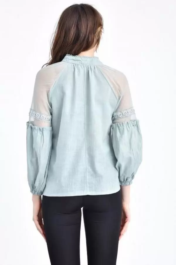 V Yaka Tül ve Dantelli Uzun Kollu Mint Kadın Bluz