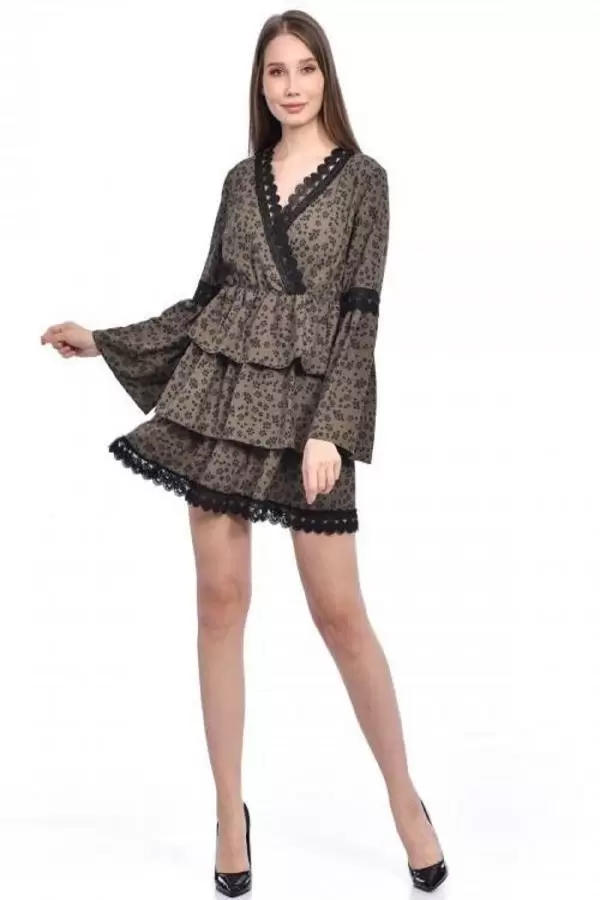 V Yaka Uzun Kollu Dantel ve Çiçekli Haki Kadın Elbise