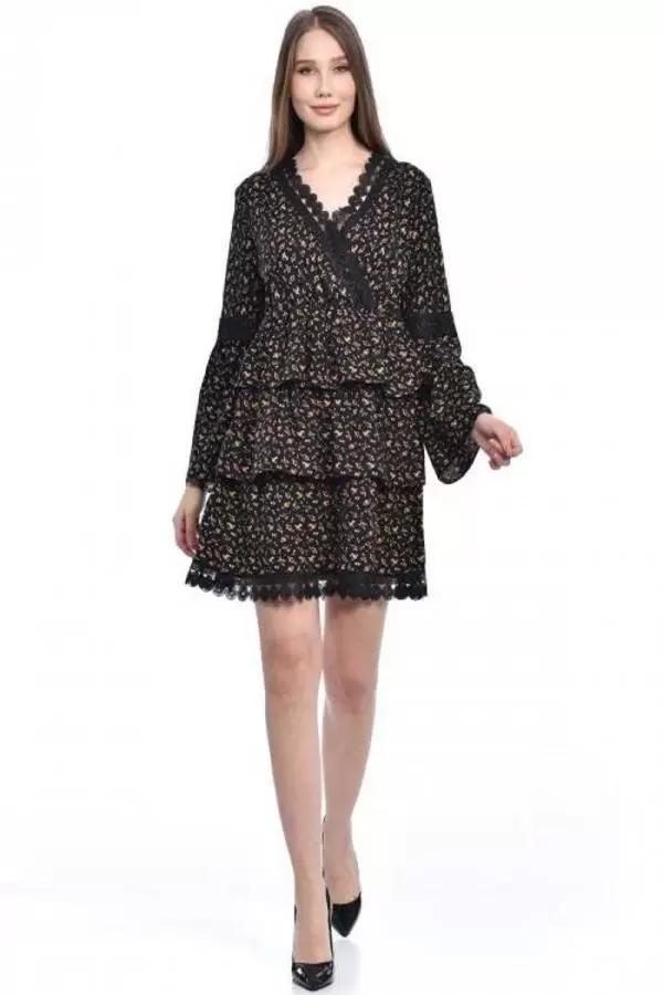 V Yaka Uzun Kollu Dantel ve Çiçekli Siyah Kadın Elbise