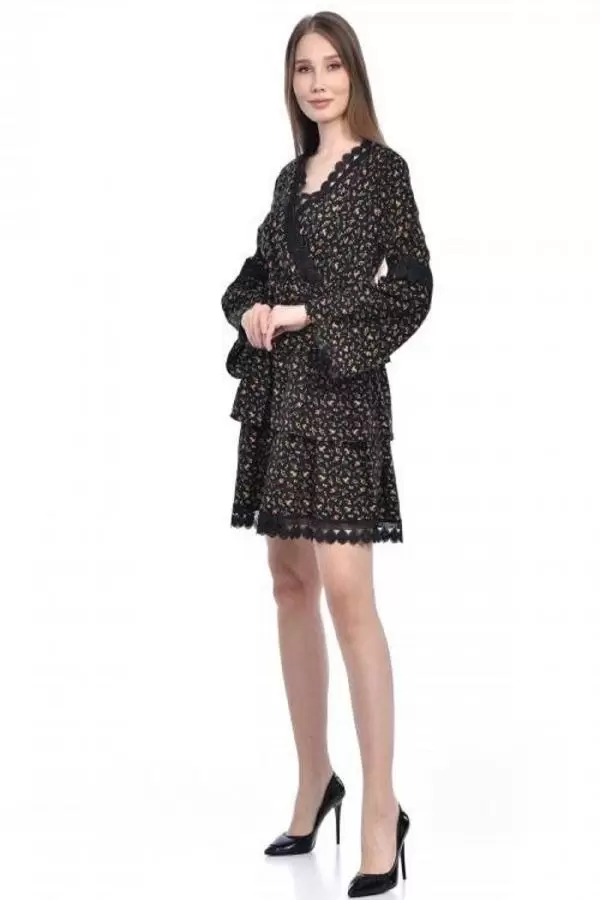 V Yaka Uzun Kollu Dantel ve Çiçekli Siyah Kadın Elbise