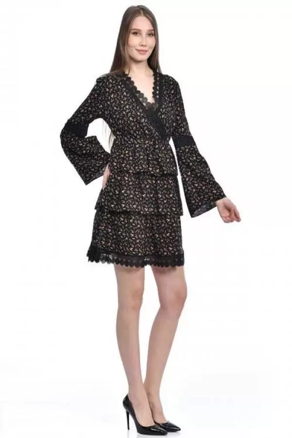 V Yaka Uzun Kollu Dantel ve Çiçekli Siyah Kadın Elbise