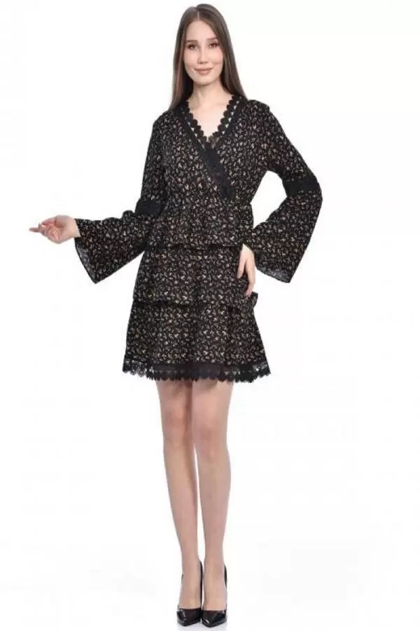 V Yaka Uzun Kollu Dantel ve Çiçekli Siyah Kadın Elbise