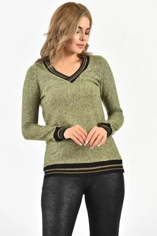 V Yaka Uzun Kollu Örme İnce Yeşil Kadın Bluz
