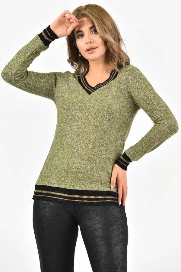 V Yaka Uzun Kollu Örme İnce Yeşil Kadın Bluz