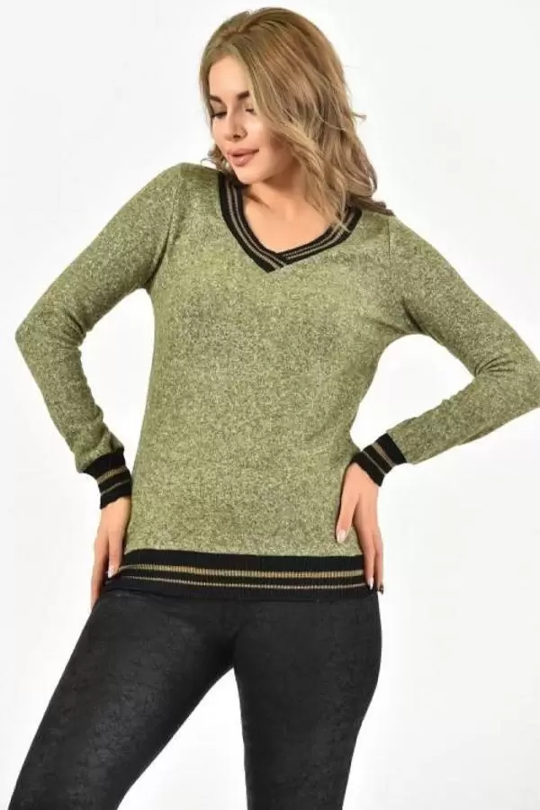 V Yaka Uzun Kollu Örme İnce Yeşil Kadın Bluz