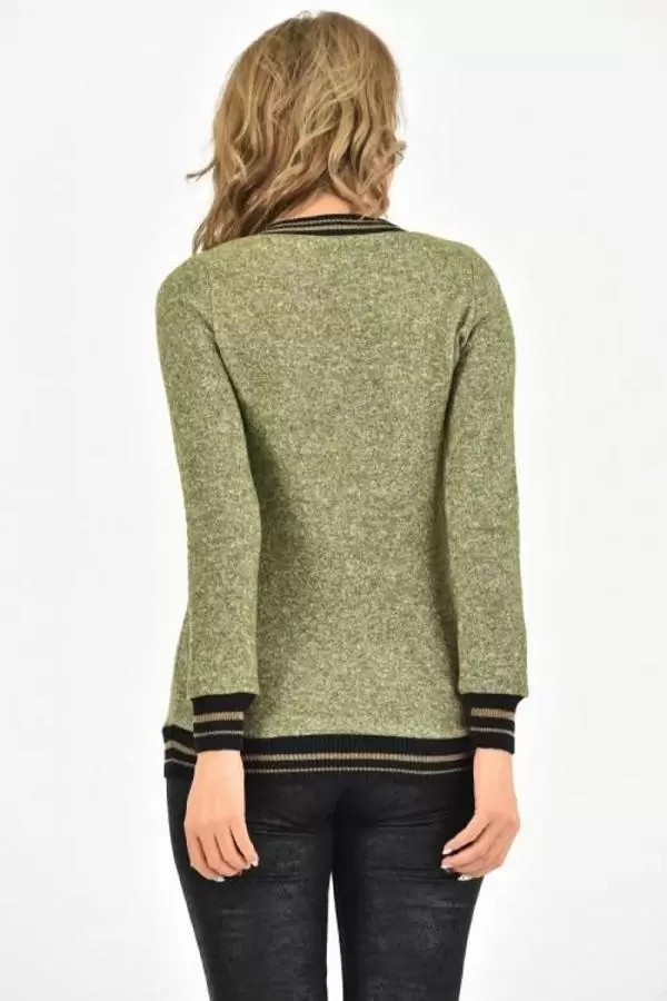 V Yaka Uzun Kollu Örme İnce Yeşil Kadın Bluz