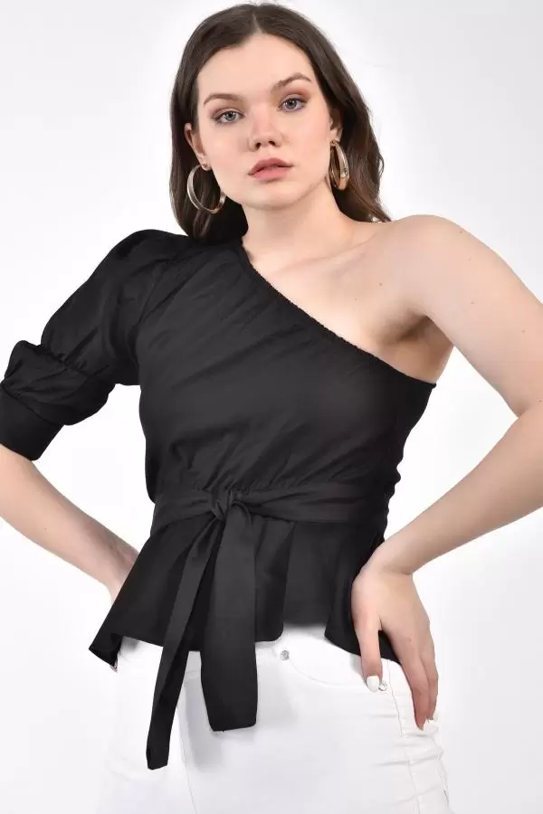 Volen Tek Kollu Kuşaklı Omuzdan Lastikli Siyah Kadın Bluz
