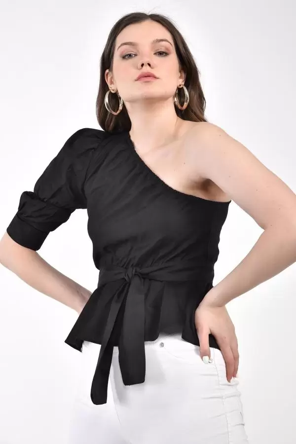 Volen Tek Kollu Kuşaklı Omuzdan Lastikli Siyah Kadın Bluz