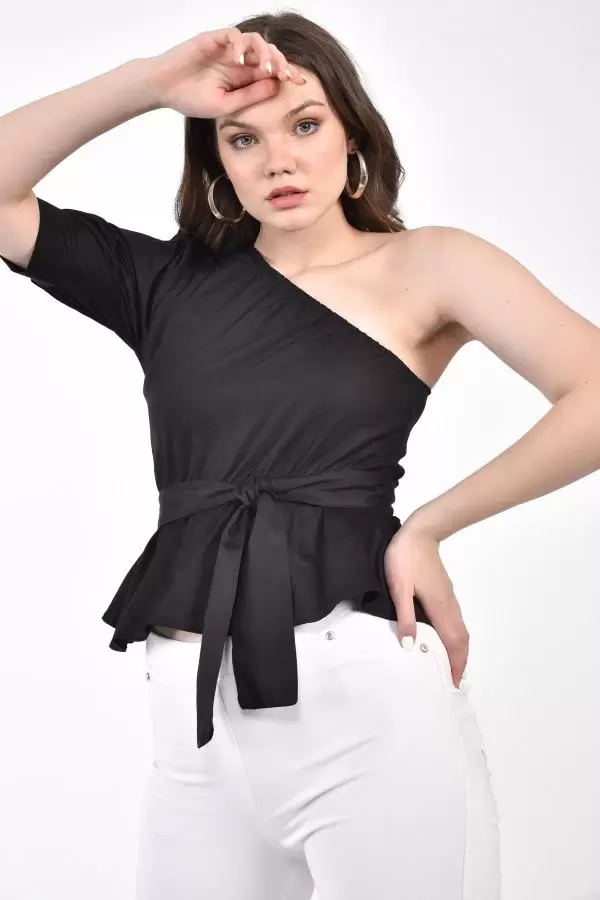 Volen Tek Kollu Kuşaklı Omuzdan Lastikli Siyah Kadın Bluz