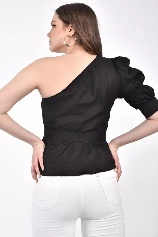 Volen Tek Kollu Kuşaklı Omuzdan Lastikli Siyah Kadın Bluz