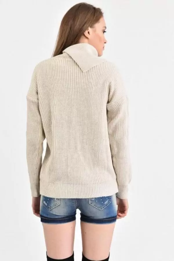 Yaka Düğmeli Uzun Kollu Taş Kadın Kazak