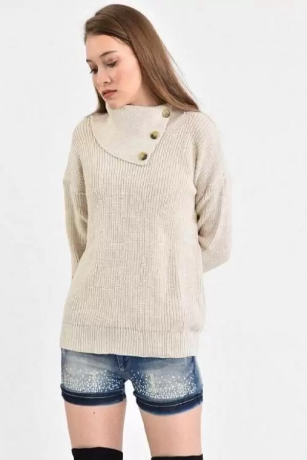 Yaka Düğmeli Uzun Kollu Taş Kadın Kazak