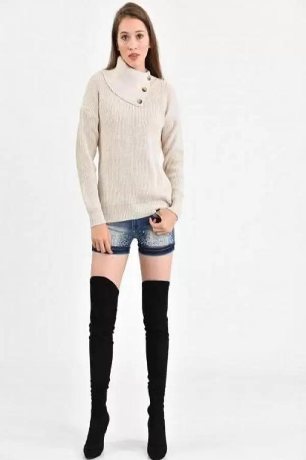 Yaka Düğmeli Uzun Kollu Taş Kadın Kazak