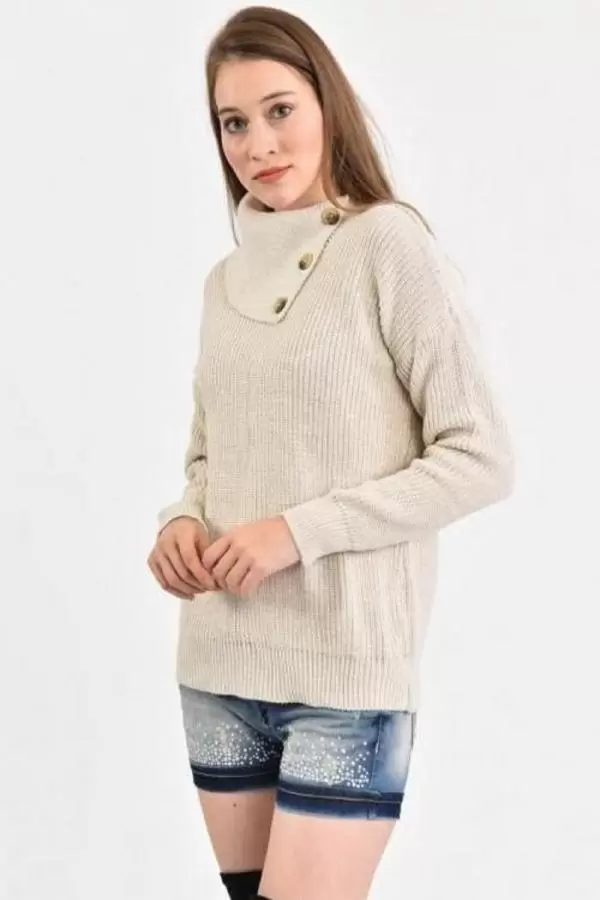 Yaka Düğmeli Uzun Kollu Taş Kadın Kazak