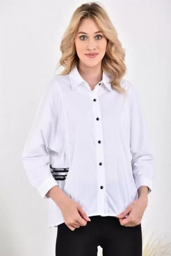 Yan ve Arka Şeritli Uzun Yarasa Kollu Beyaz Kadın Gömlek