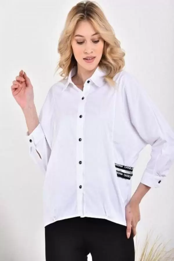 Yan ve Arka Şeritli Uzun Yarasa Kollu Beyaz Kadın Gömlek