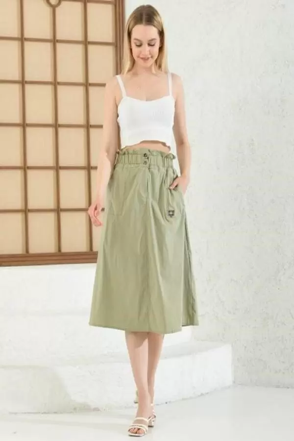 Yandan Cepli Belden Lastikli Yeşil Kloş Kadın Etek
