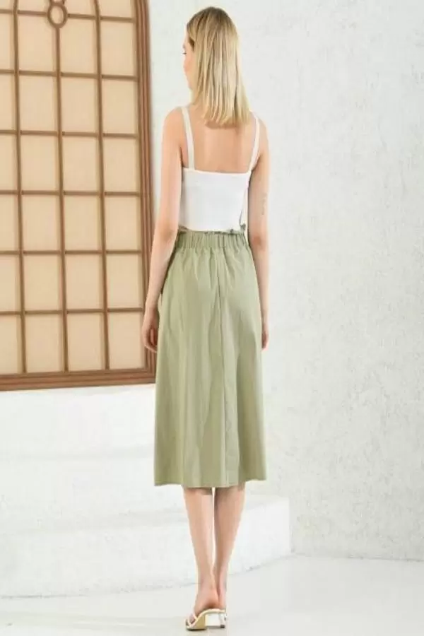 Yandan Cepli Belden Lastikli Yeşil Kloş Kadın Etek