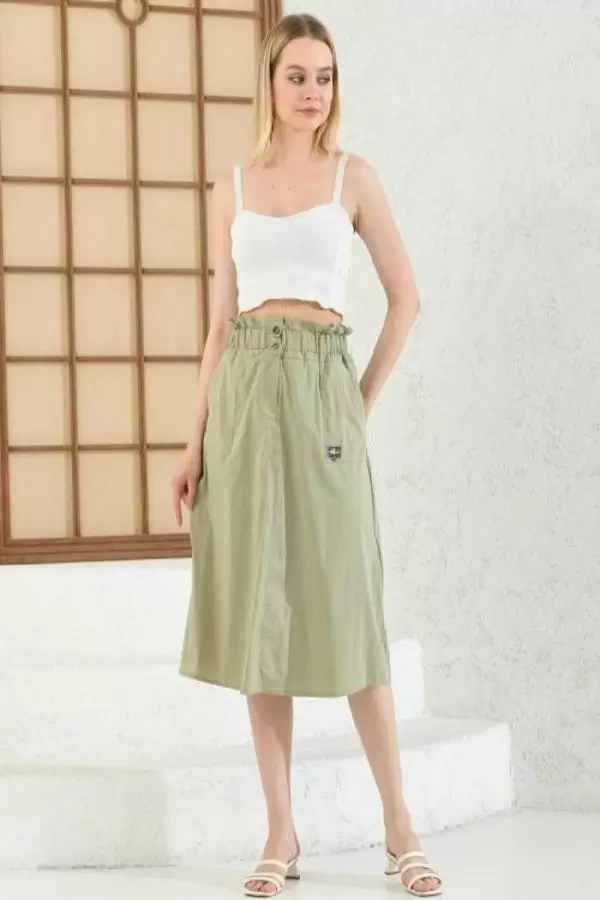 Yandan Cepli Belden Lastikli Yeşil Kloş Kadın Etek