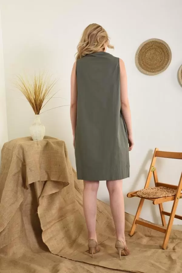 Yandan Cepli Dökümlü Yaka Haki Keten Kadın Elbise