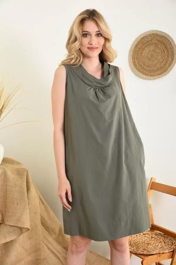 Yandan Cepli Dökümlü Yaka Haki Keten Kadın Elbise