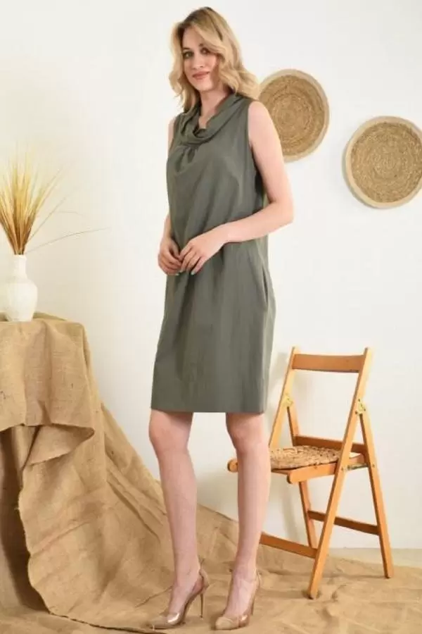 Yandan Cepli Dökümlü Yaka Haki Keten Kadın Elbise