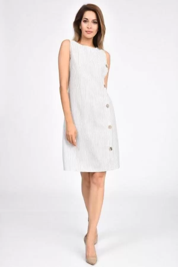 Yandan Düğmeli İnce Gri Çizgili Krem Kadın Elbise
