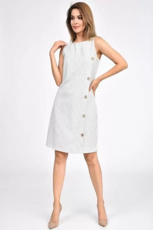 Yandan Düğmeli İnce Gri Çizgili Krem Kadın Elbise