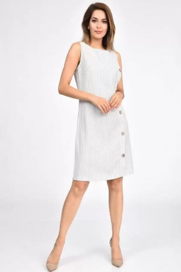 Yandan Düğmeli İnce Gri Çizgili Krem Kadın Elbise