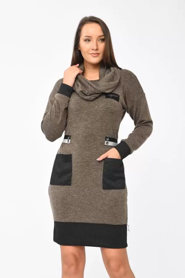 Yandan Şerit ve Cepli Degaje Yaka Kahverengi Kadın Elbise