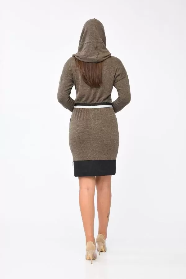 Yandan Şerit ve Cepli Degaje Yaka Kahverengi Kadın Elbise