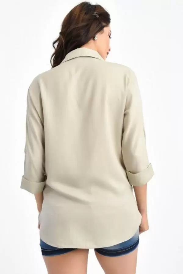 Yaprak Taş Dizili Kısa Kollu Bej Kadın Gömlek