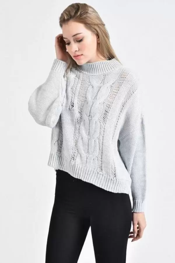 Yarım Balıkçı Yaka Uzun Kollu Saç Örgülü Gri Kadın Kazak