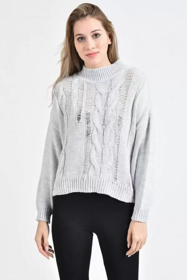 Yarım Balıkçı Yaka Uzun Kollu Saç Örgülü Gri Kadın Kazak