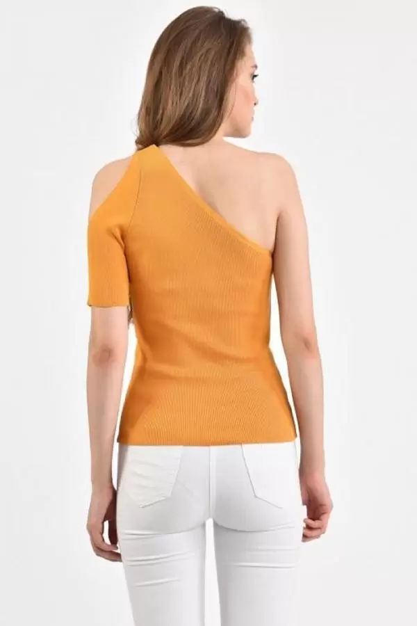 Yarım Kol ve Omuz Detaylı Hardal Triko Kadın Bluz