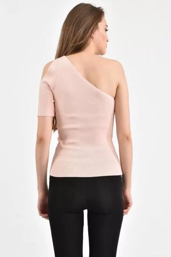 Yarım Kol ve Omuz Detaylı Pudra Triko Kadın Bluz