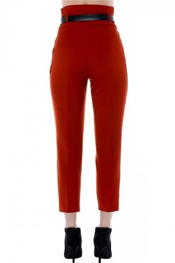 Yüksek Bel Deri Kemerli Kiremit Bilek Kadın Pantolon