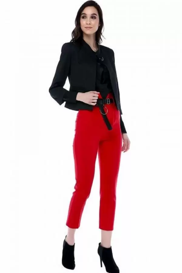 Yüksek Bel Deri Kemerli Kırmızı Bilek Kadın Pantolon