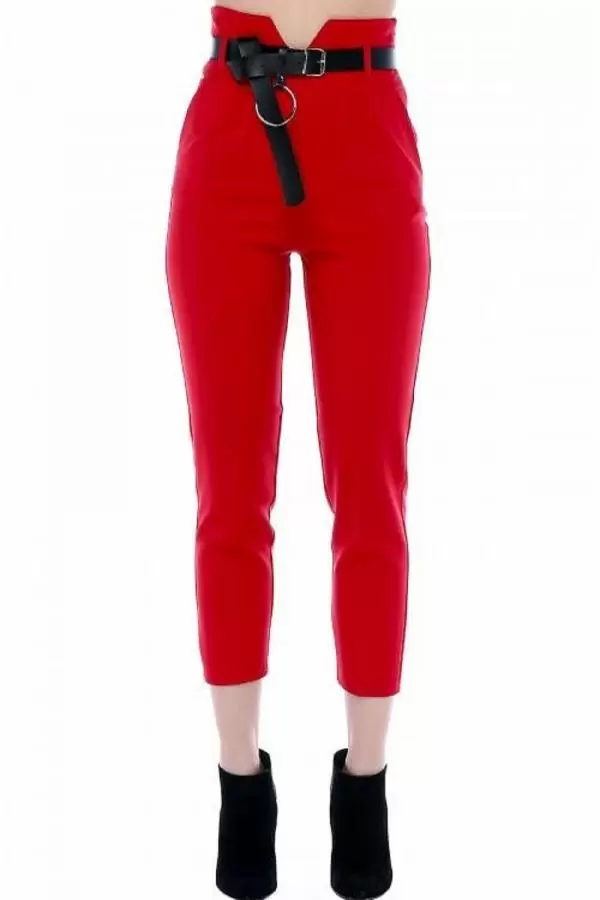 Yüksek Bel Deri Kemerli Kırmızı Bilek Kadın Pantolon