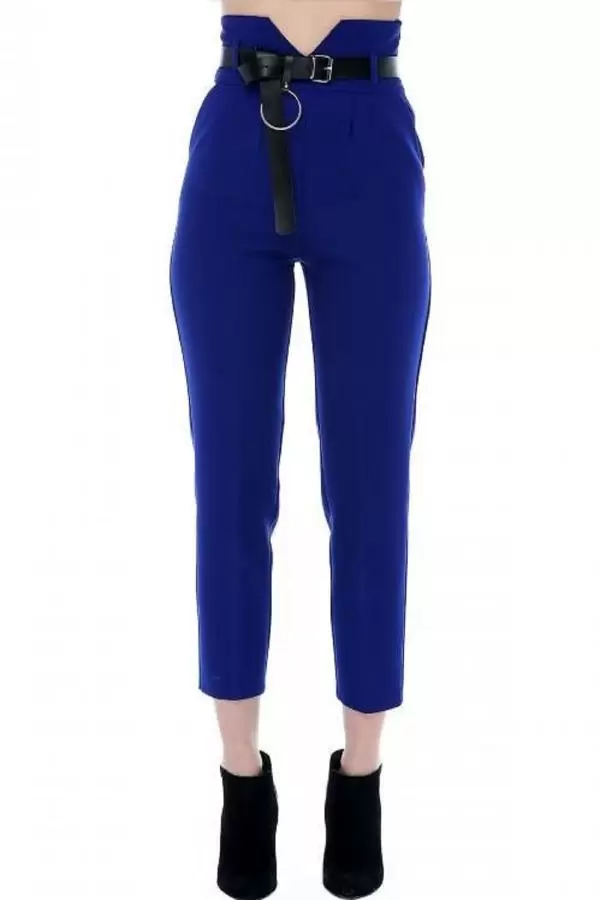 Yüksek Bel Deri Kemerli Saks Mavi Bilek Kadın Pantolon