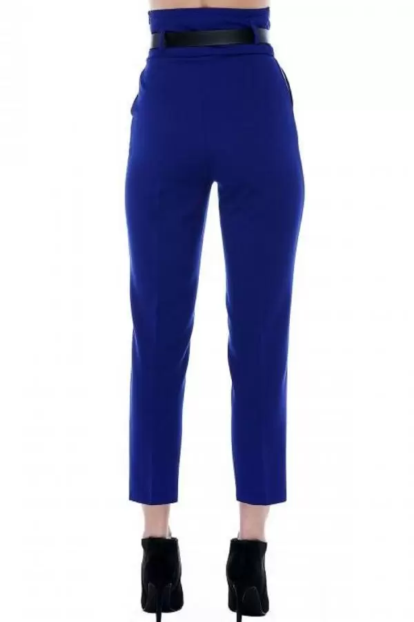Yüksek Bel Deri Kemerli Saks Mavi Bilek Kadın Pantolon