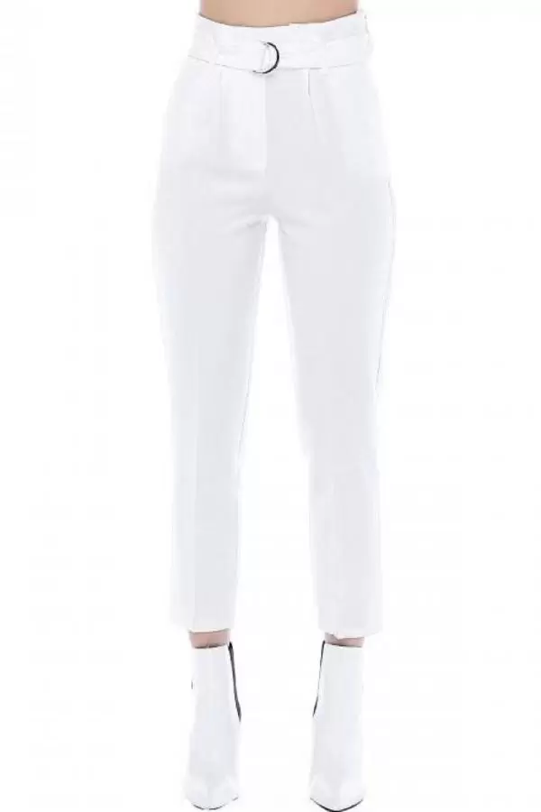 Yüksek Bel Tokalı Beyaz Bilek Kadın Pantolon