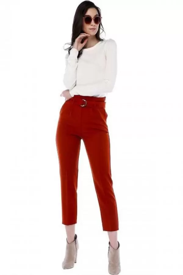 Yüksek Bel Tokalı Kiremit Bilek Kadın Pantolon