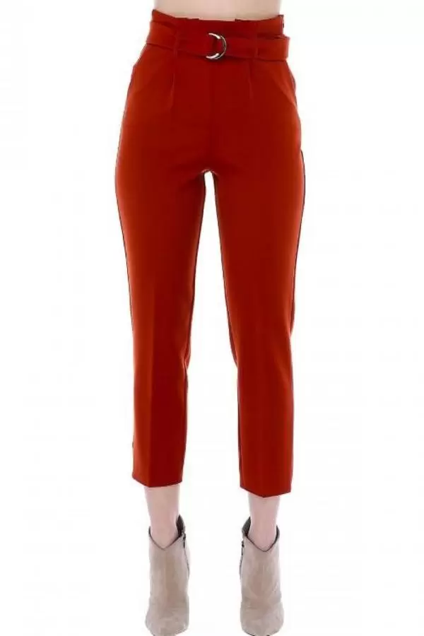 Yüksek Bel Tokalı Kiremit Bilek Kadın Pantolon