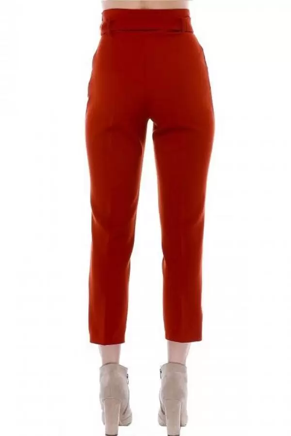 Yüksek Bel Tokalı Kiremit Bilek Kadın Pantolon