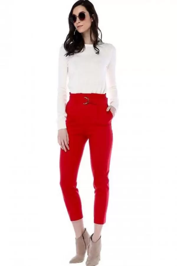 Yüksek Bel Tokalı Kırmızı Bilek Kadın Pantolon
