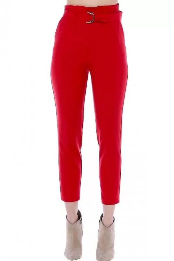 Yüksek Bel Tokalı Kırmızı Bilek Kadın Pantolon